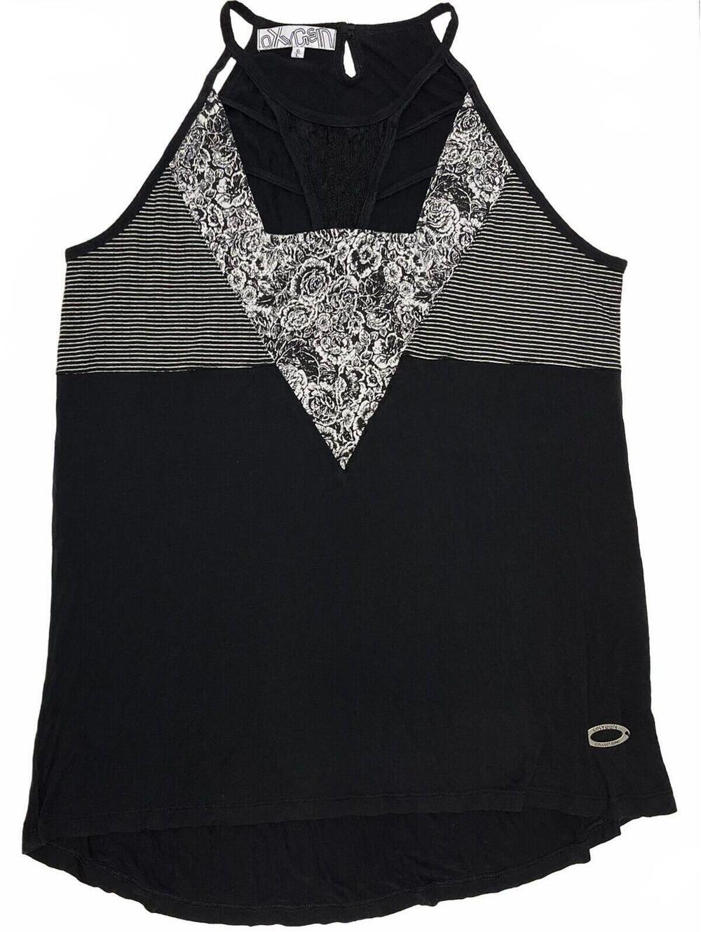 Oxygen Black White Striped Floral & Lace Panels High Neck Tank Top W Cutouts Lrg